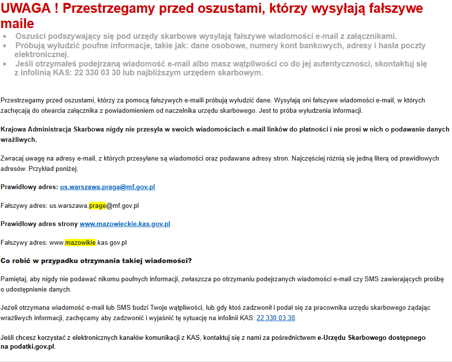 Ostrzeżenie przed oszustami podszywającymi się pod urzędy skarbowe.