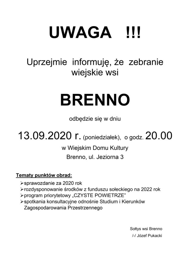 Plakat informujący o zebraniu wiejskim wsi Brenno 