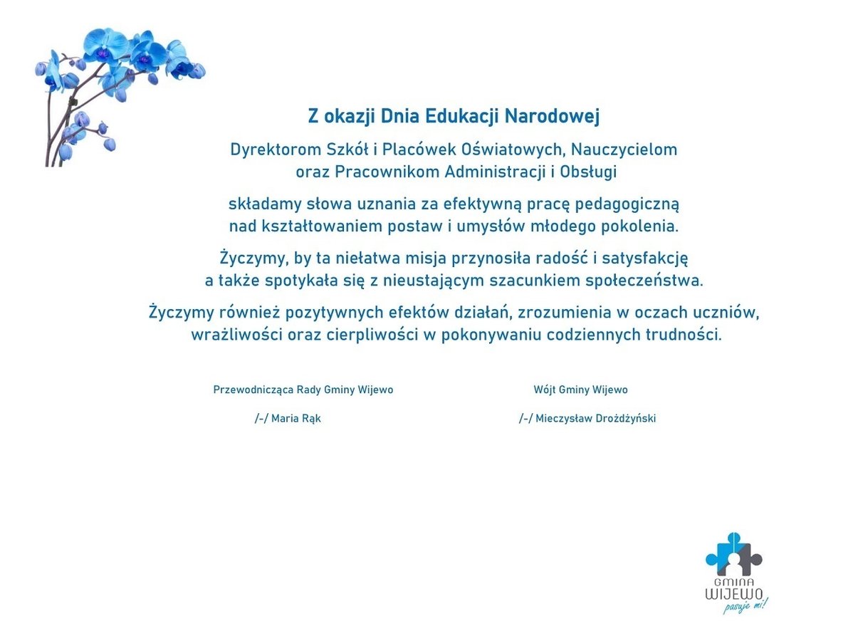 Grafika zawiera życzenia z okazji Dnia Edukacji Narodowej wraz z grafiką kwiatów 