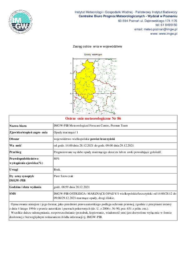 Plakat z informacjami na temat marznących opadów 
