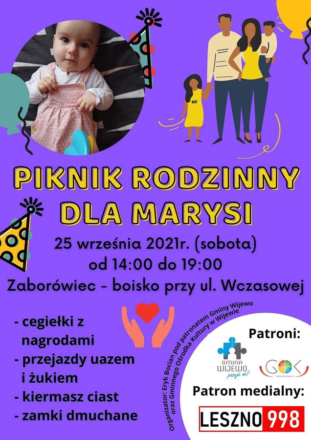 Plakat z informacjami o pikniku rodzinnym dla Marysi 