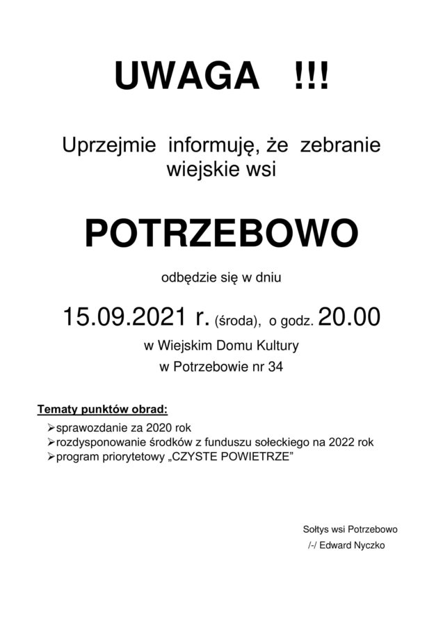 Plakat informujący o zebraniu wiejskim wsi Potrzebowo 