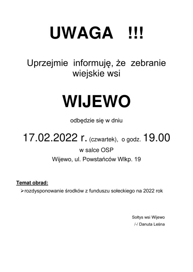 Informacja o zebraniu wiejskim w Wijewie