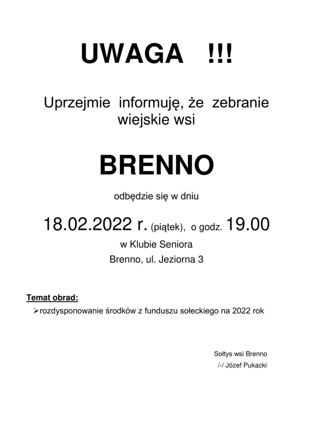 Informacja o zebraniu wiejskim w Brennie