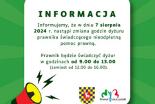 informacja- zmiana godzin nieodpłatnej pomocy prawnej